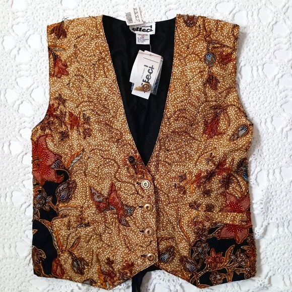 Vtg New Vest Top Shirt Beaded Batik Nature Print Bird Tan Brown Large Women NOS - Picture 1 of 7